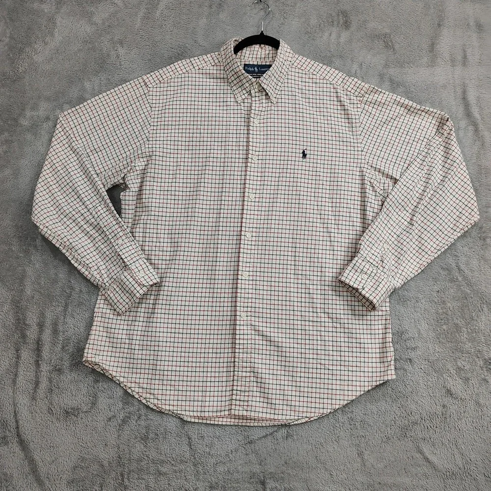 Polo Ralph Lauren Custom Fit Men's XL Ivory Blue Red Check Cotton Button‎ Down